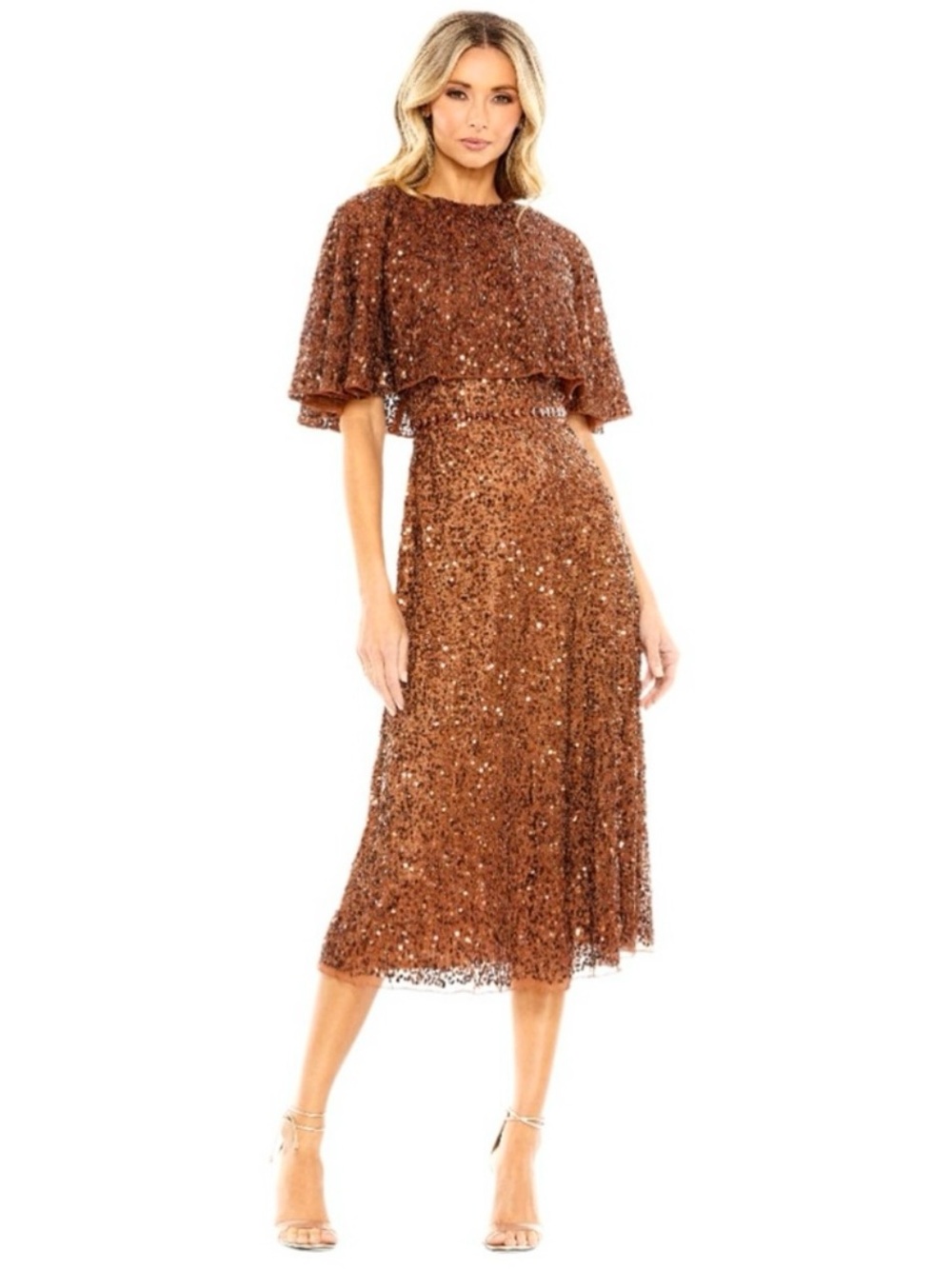 MAC DUGGAL Embellished Cape High Neck Midi Dress NEW Size 8 Copper